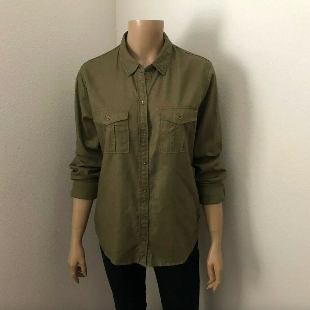 NWT Hollister Button Down Shirt Size Medium Olive Green Shine Blouse Long Sleeve